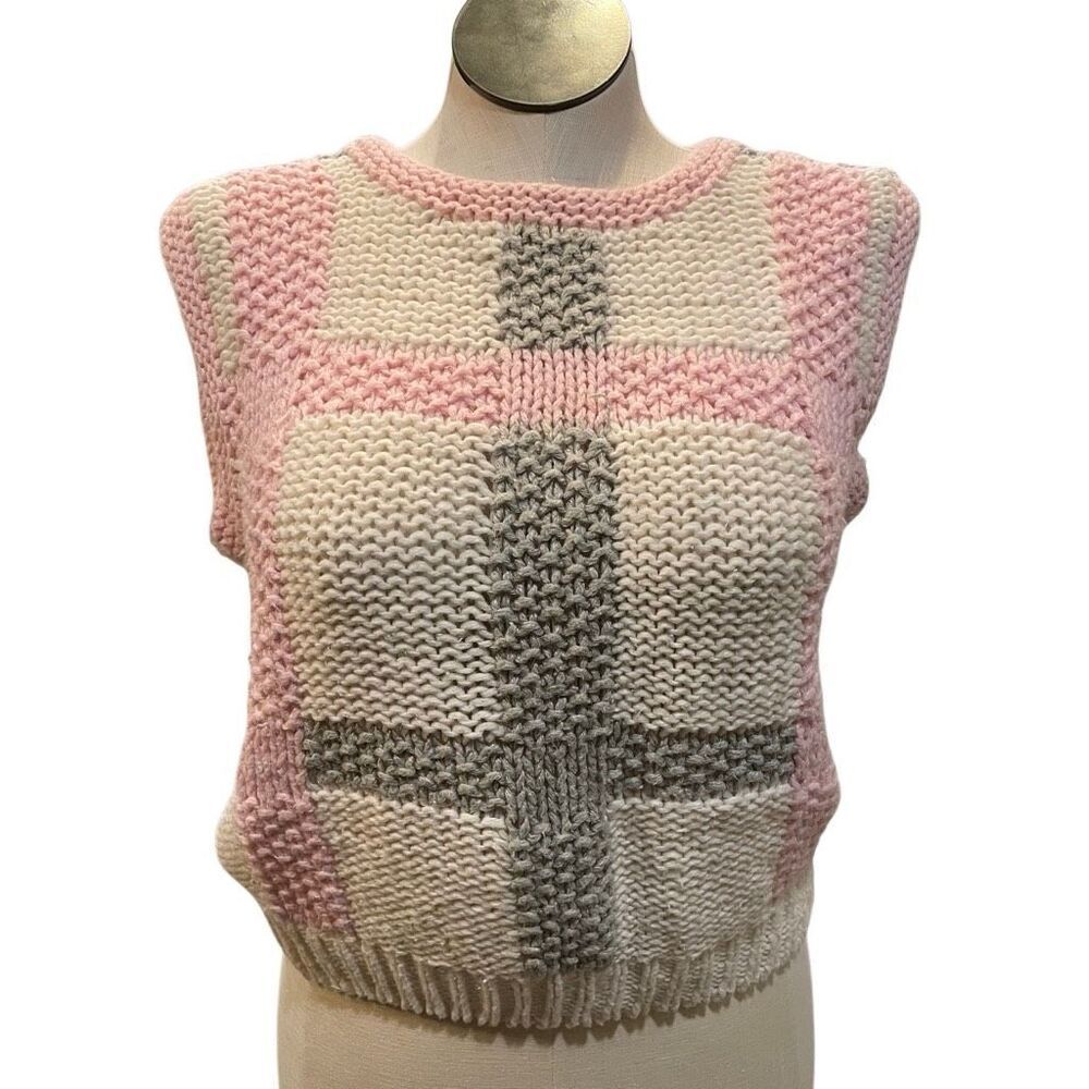 Vtg Margules Womens Pink Plaid Hand Knit Sweater Vest M Grannycore Valentines